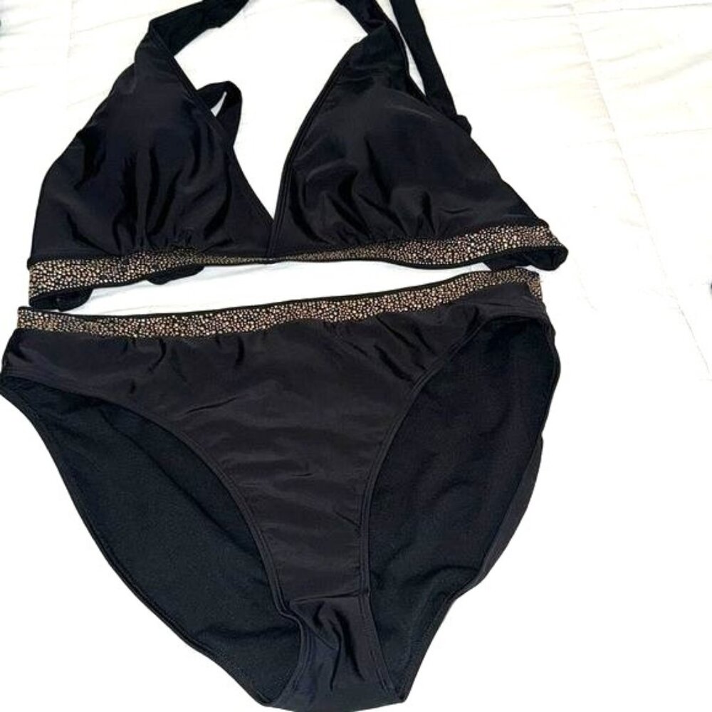 Black Gold Trim Halter Bikini Swimsuit Two Piece Beach Swimwear